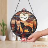 Wolf Howling at Moon Suncatcher Stained Glass Forest Scene Wilderness Sunset Window Decor Rustic Cabin Gift Nature